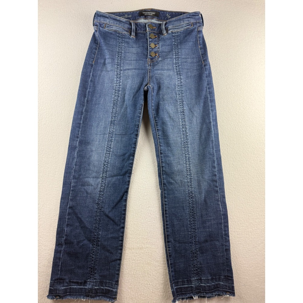 Liverpool Los Angeles Stove Pipe Jeans Blue Button Fly Raw Hem Womens 4/27